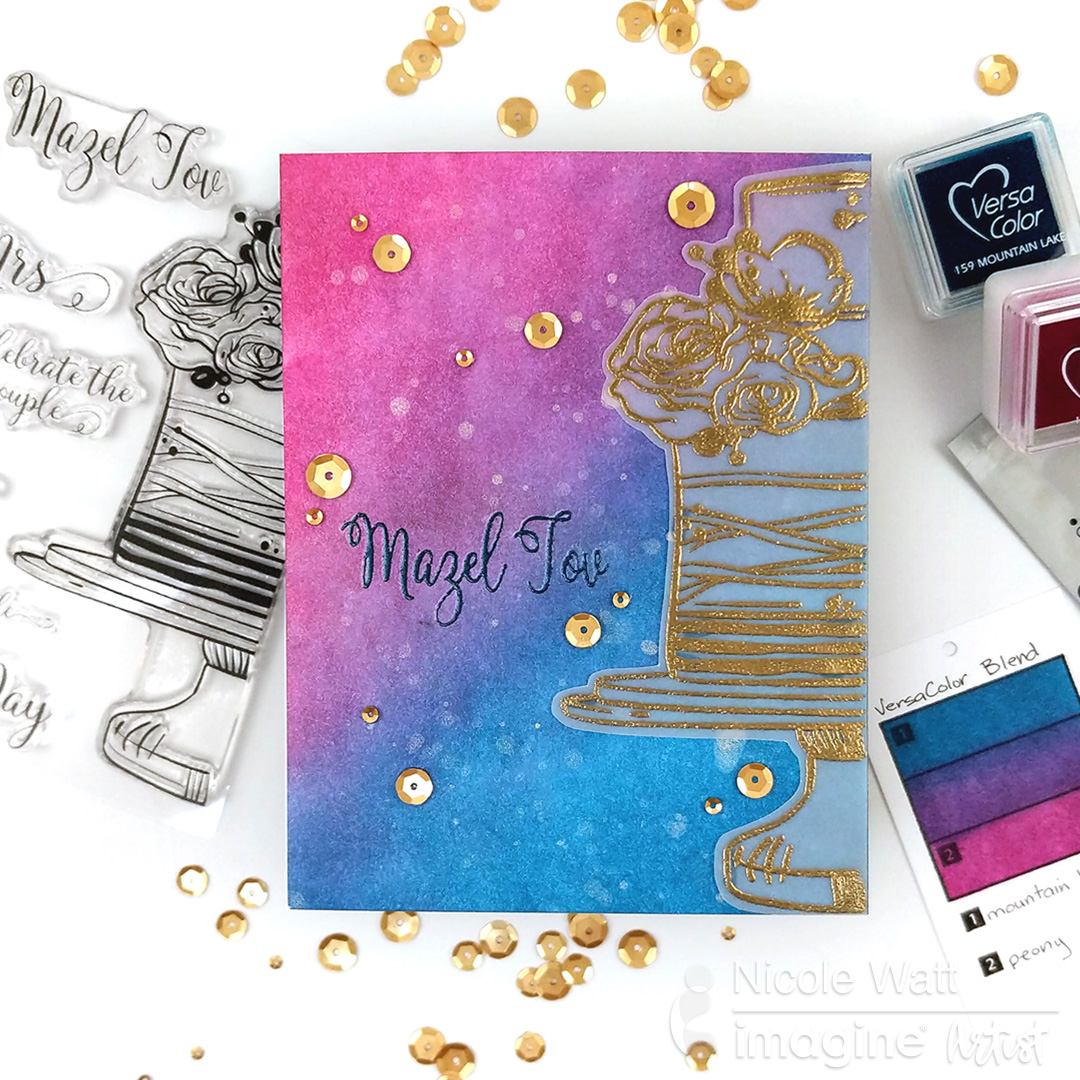 In this cardmaking tutorial, Nicole shares one of her favorite fall color combos using VersaColor inks. Nicole swatches out jewel-tone colors in dark pink with a rich true blue mixed in with a light warm splatter with Delicata. Pigment inks are a perfect 